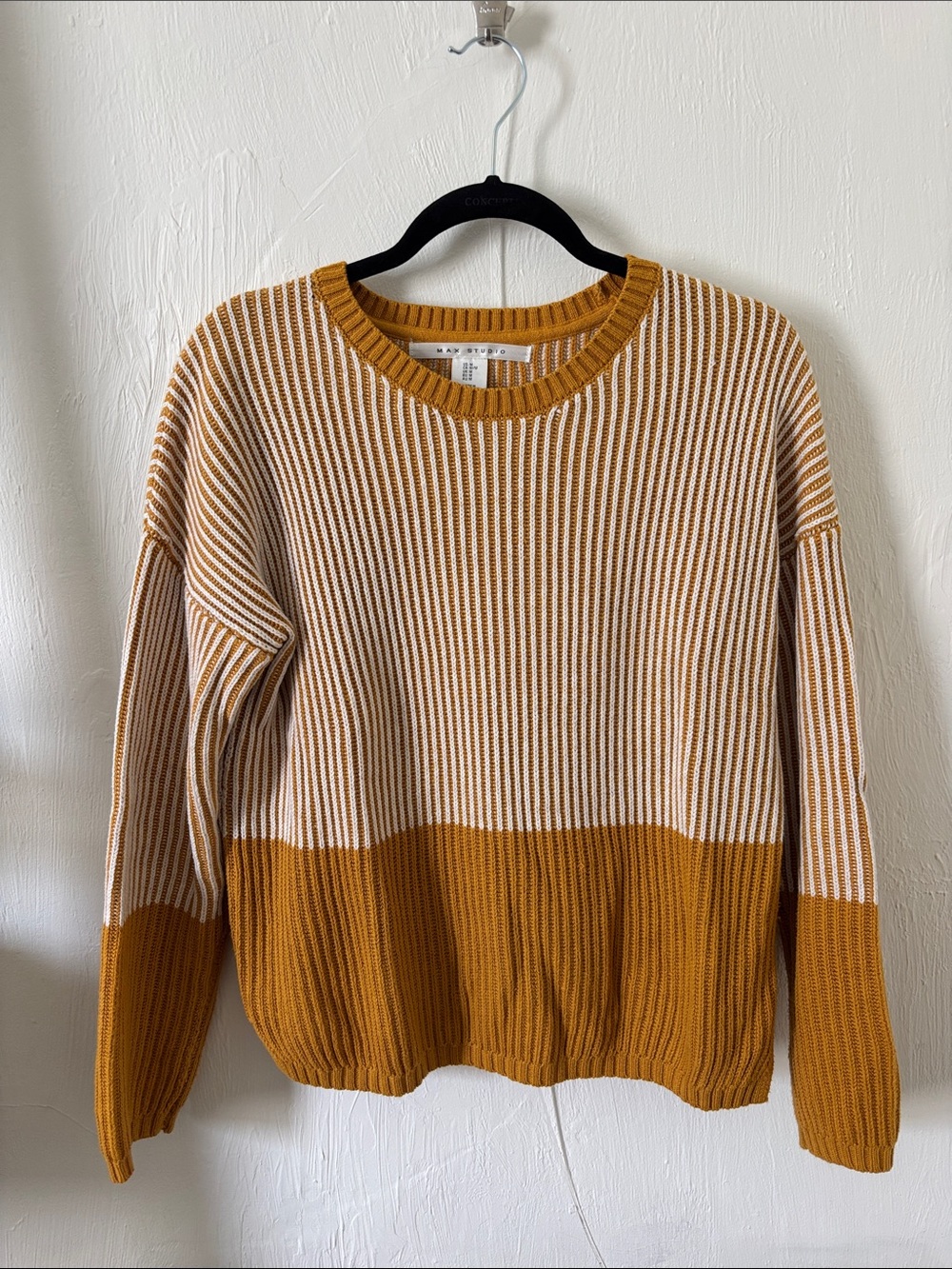 Max Mara Striped Two-Tone Crewneck Sweater - Mustard and Cream cotton blend